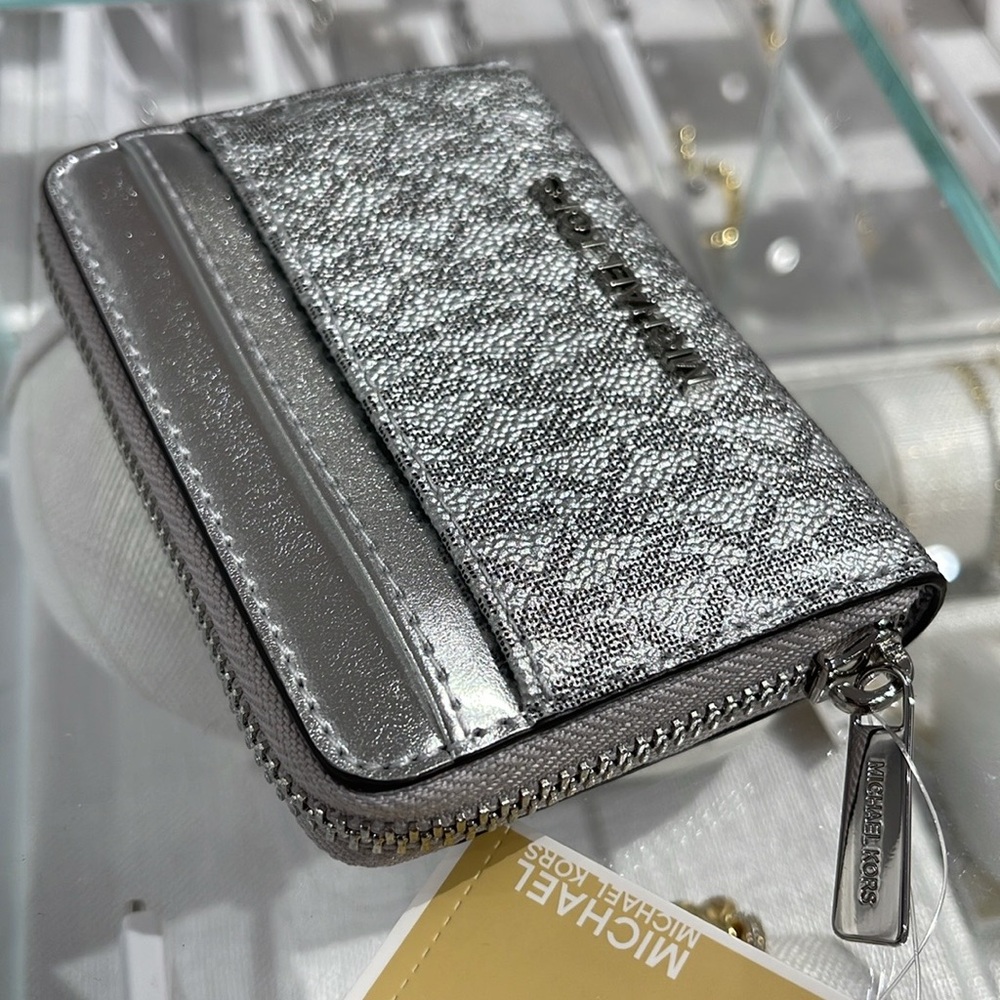 Michael Kors Women Medium Logo Zip Around Card Case Coin Pouch Wallet Silver 
NW